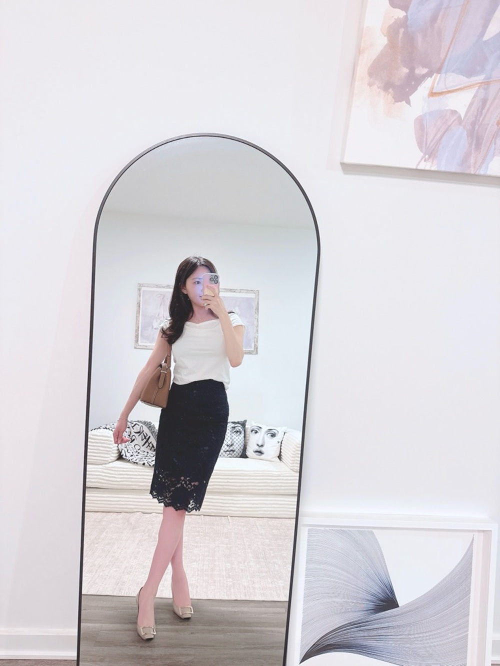Lace Midi Skirt Navy Blue High Waist Pencil Elegant